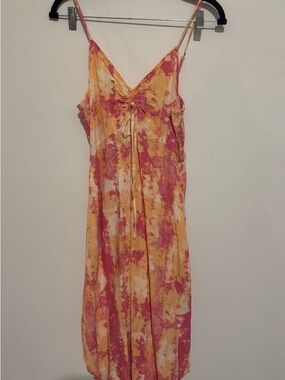 Y2K Women’s Tie-Front Spaghetti Strap Midi Dress in Yellow & Pink V-neck